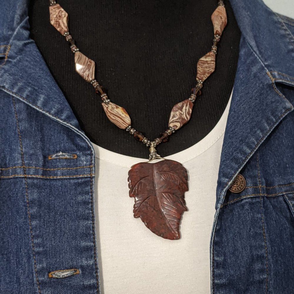 Carved Brown Jasper Gemstone Leaf Pendant Set